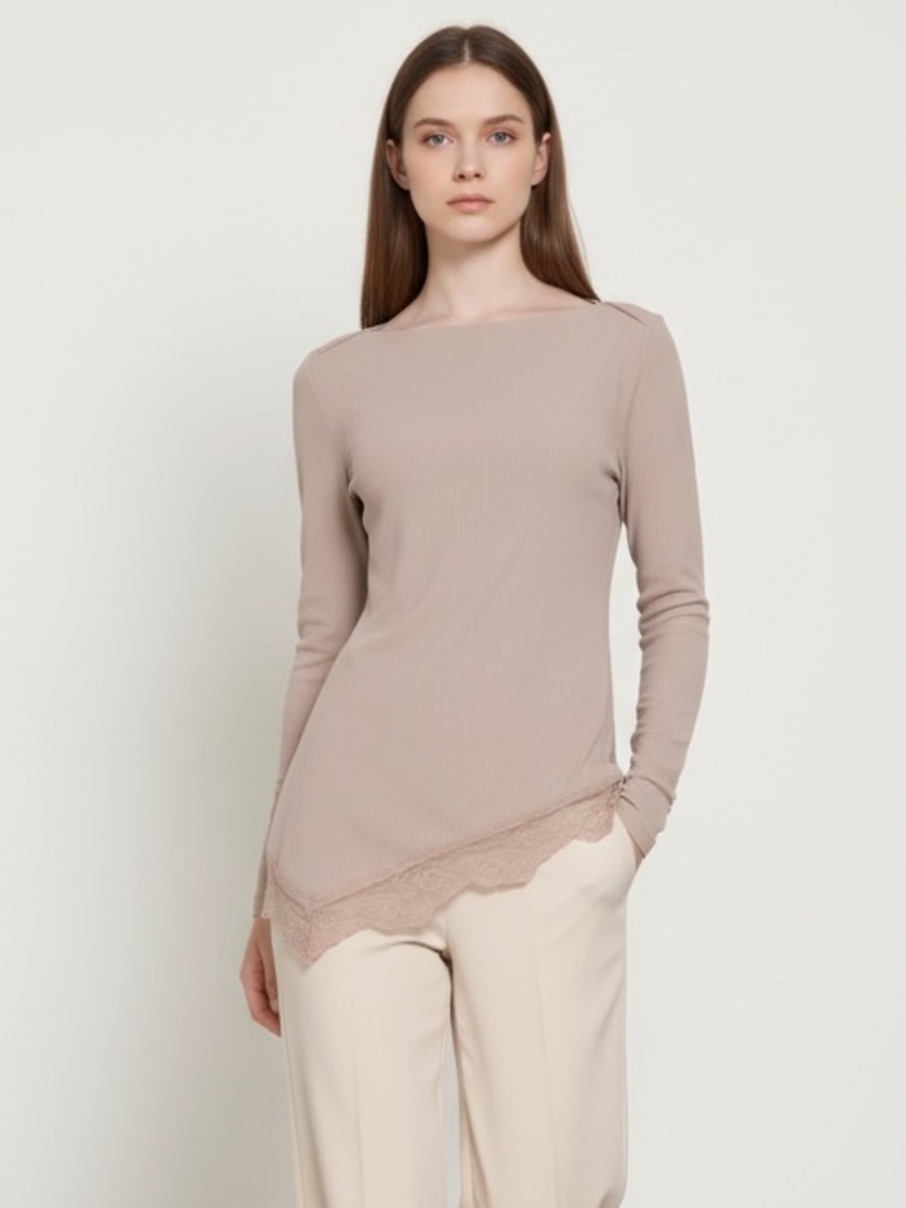 1655 • Light Taupe Brushed Rib Knit Long Sleeve Asymmetric Lace Trim Split Top